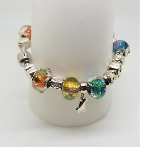 Peace Charm Murano Glass Bracelet Glass and Silver Tone Beads Snake Chain sz 7.5 - Picture 6 of 6
